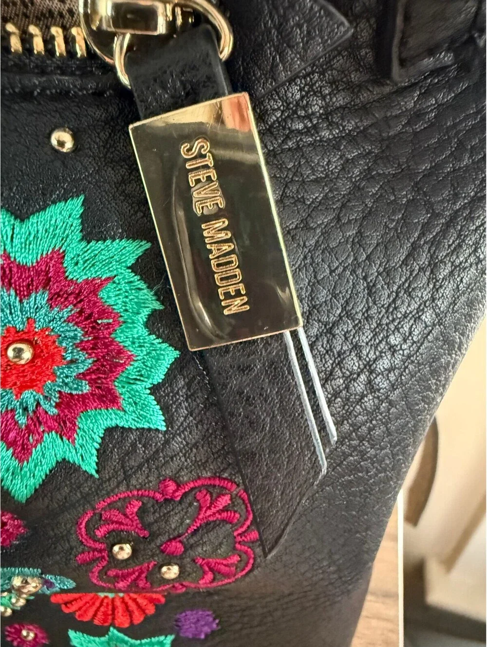 Steve Madden Black Floral Embroidered Faux Leather Backpack